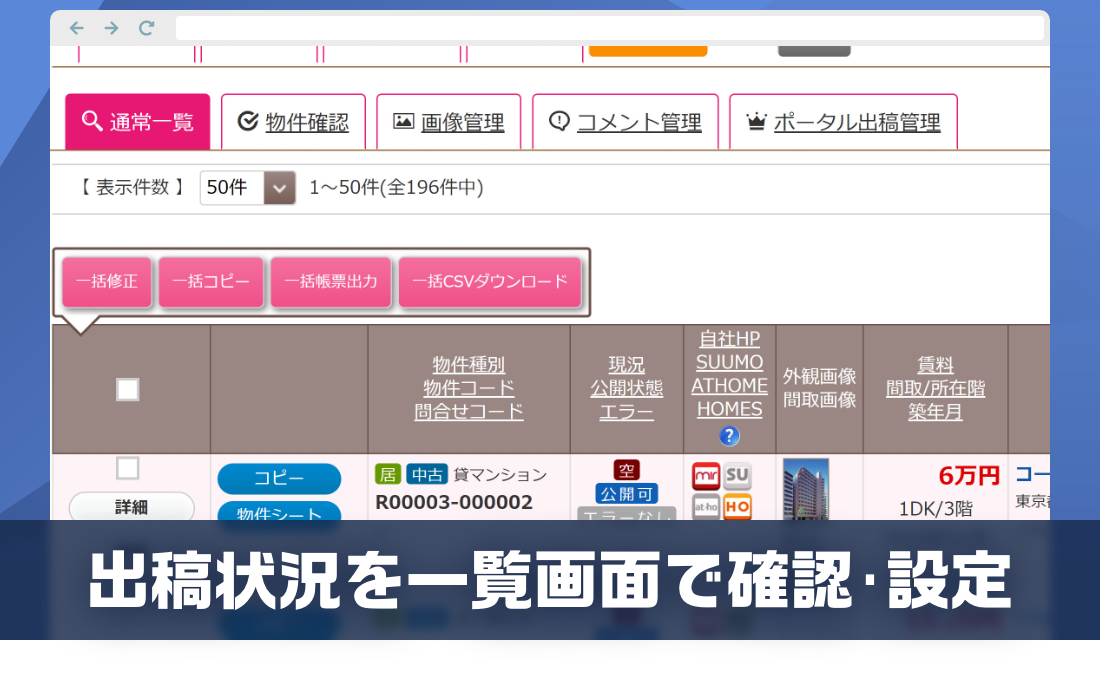 ポータルサイトへの出向状況を一覧で設定、無駄なく掲載枠を使用できます
